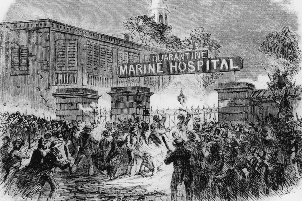 Black and white illustration showing a panicked crowd in front of a gated 
