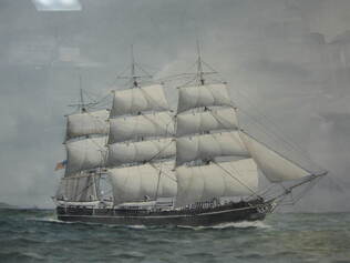 Painting of Splendid in full sail against a gray blue cloudy sky, traveling toward the right 