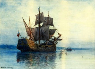 Oil painting of a ship at anchor against a light yellow sky.