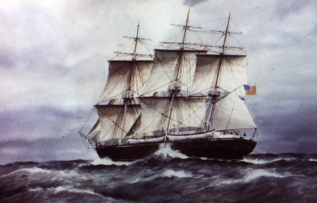 Painting of whaleship Sheffield on wavy ocean flying the American flag