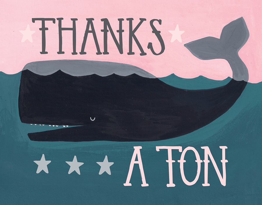 Smiling sperm whale in waves says, Thanks a Ton!