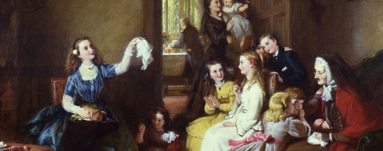 An oil painting of a woman in a blue dress holding up a lacy handkerchief as a small group of women of all ages look on 