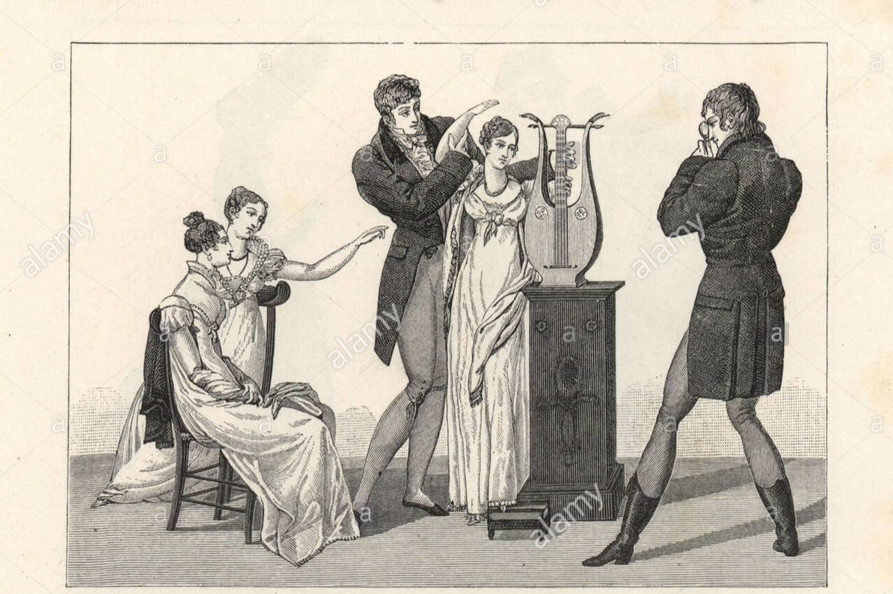 A black and white illustration of a victorian man posing a woman as a statue while others look on