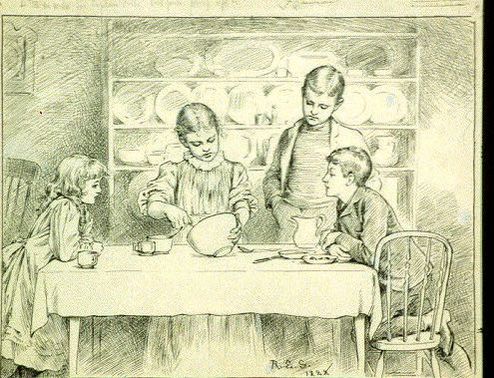 Sketch in pen of children making candy on a table