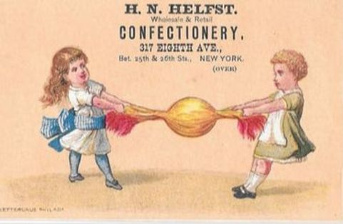 Trade card advertising a New York confectionery. Victorian Children playing tug of war with a wrapped hard candy.
