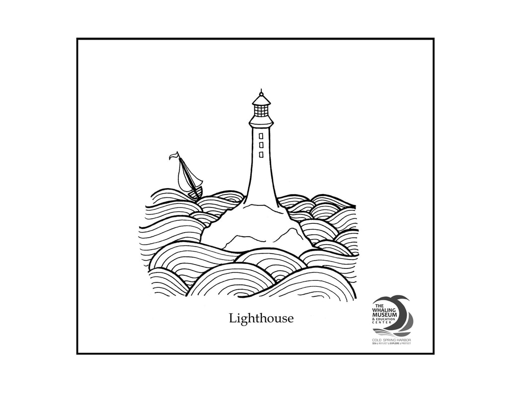 Line drawing of lighthouse in center of rolling waves